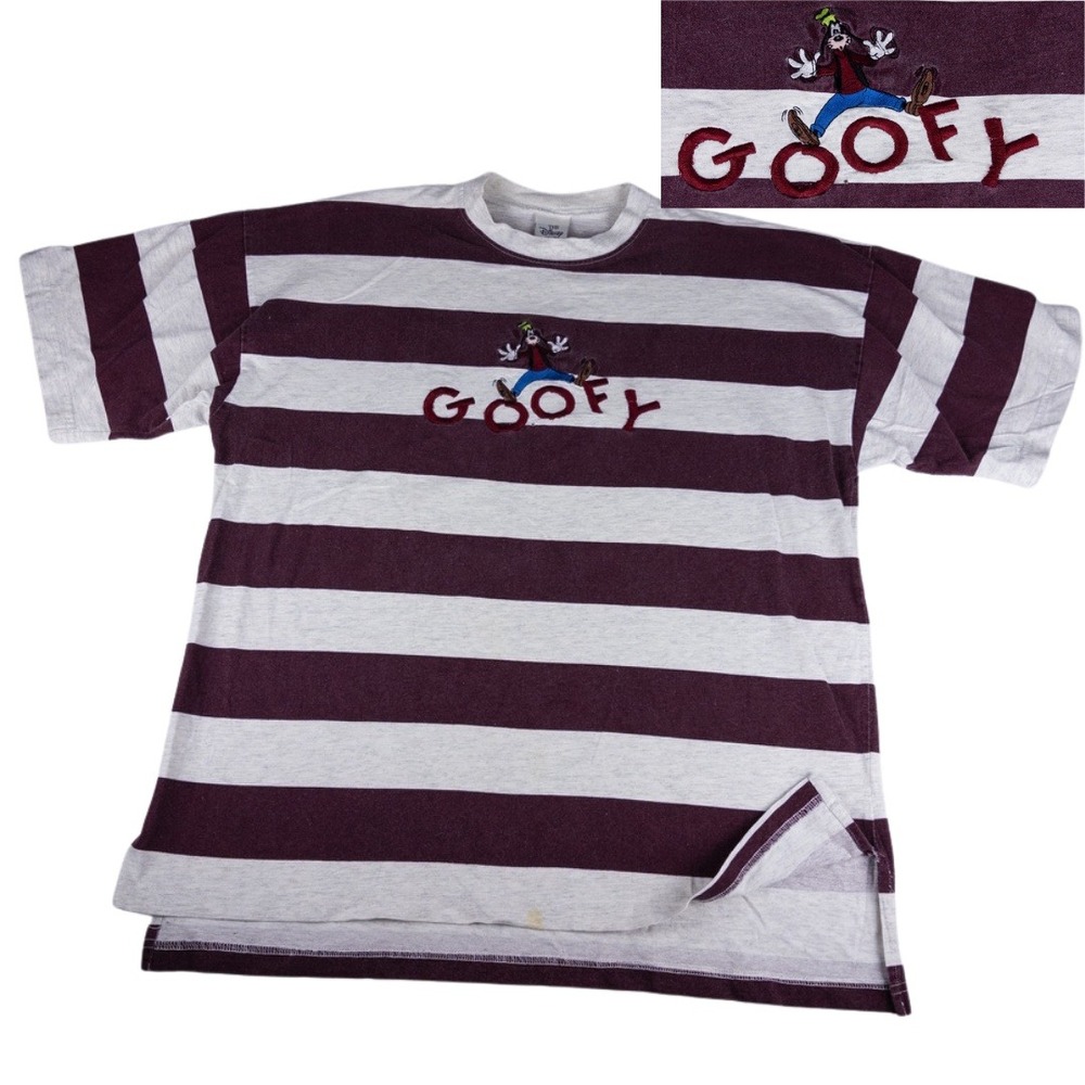 Disney‎ Store Goofy Striped T-Shirt Mens XL Maroon Grey Vintage 90s Made in USA